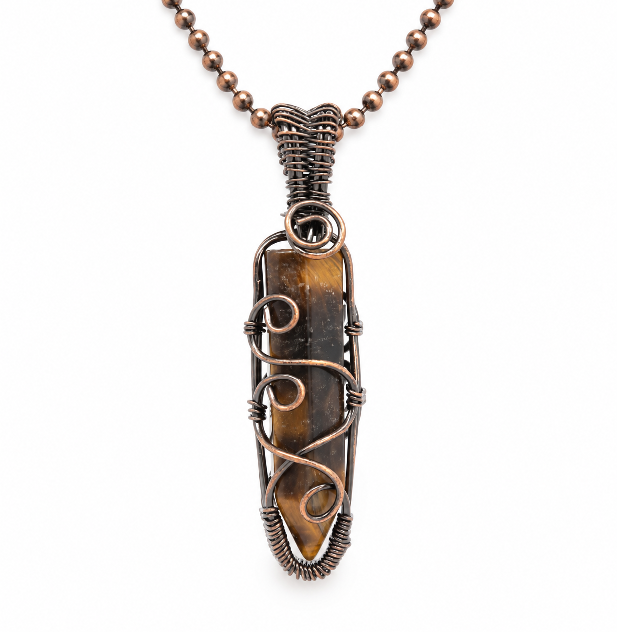 Tiger’s Eye Copper Wire-Wrapped Necklace
