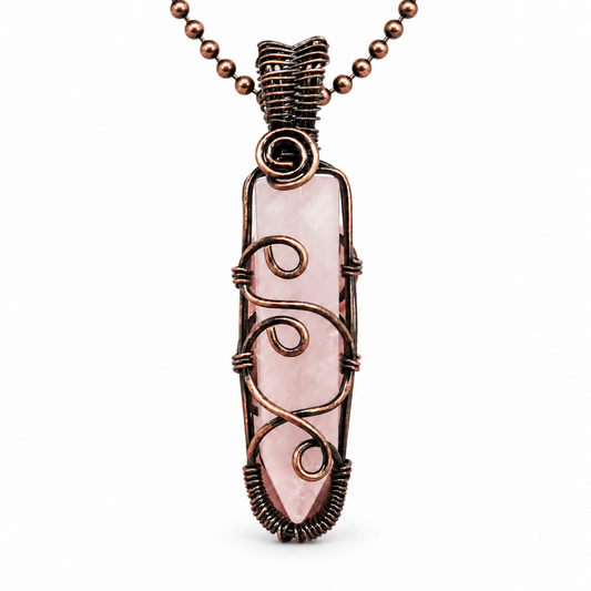Rose Quartz Copper Wire-Wrapped Necklace