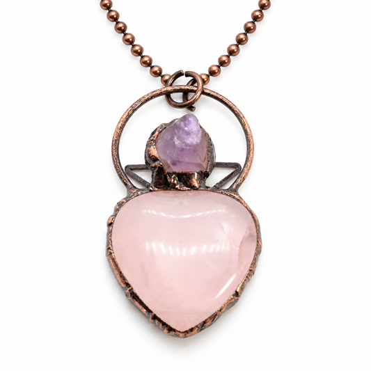 Rose Quartz & Amethyst Copper Heart Necklace